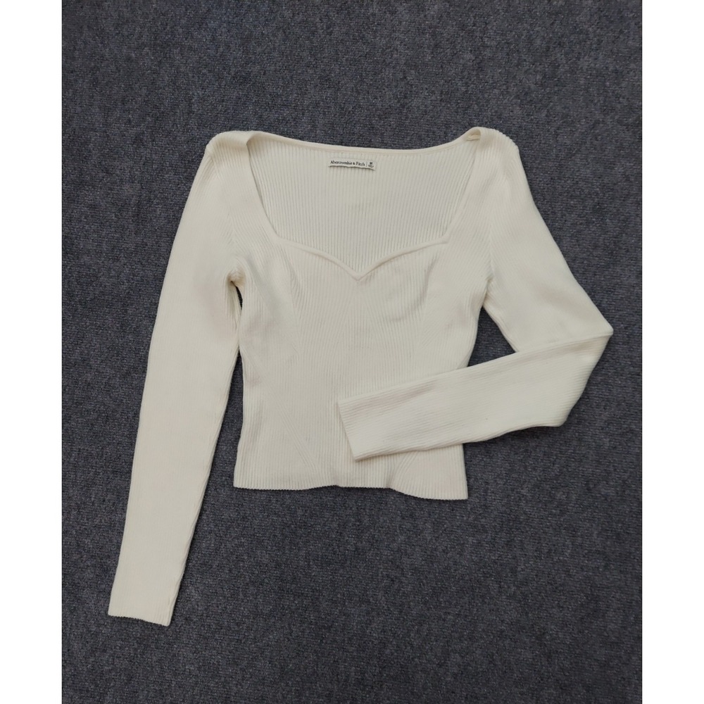 Y2K Abercrombie & Fitch‎ Sweater Medium Beige Ribbed Sweetheart Neckline Stretch